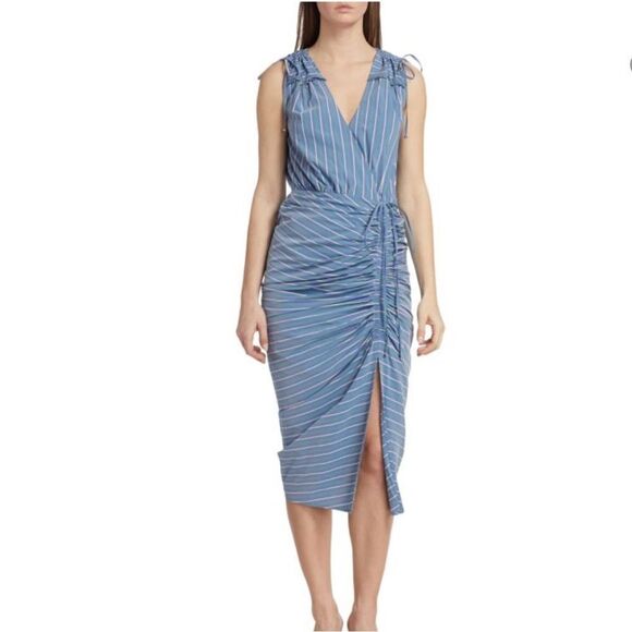 New VERONICA BEARD Teagan Striped Ruched Midi Dress Size 0 - Picture 1 of 16